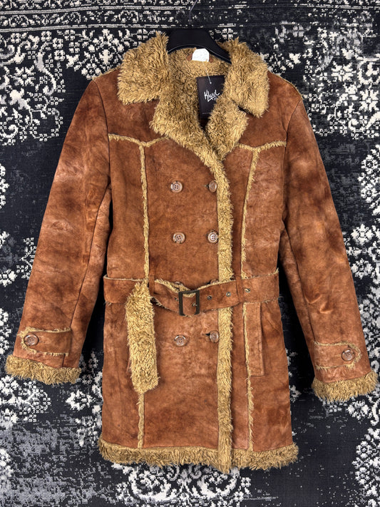 Women's Y2K Caramel Brown Suede Coat with Faux Fur Trim