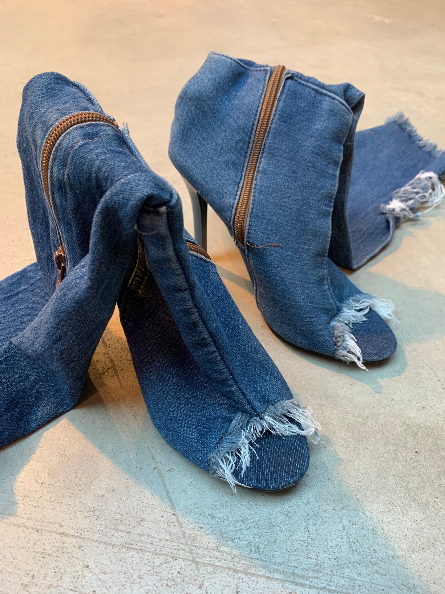 Y2K Women's Thigh-High Distressed Denim Peep-Toe Boots