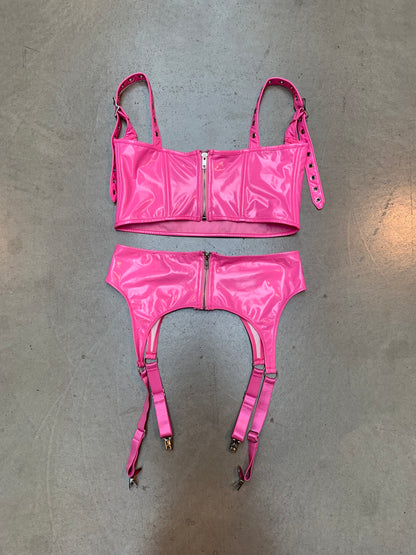 Dolls Kill x Hustler Pink Vinyl Bralette and Garter Belt Set