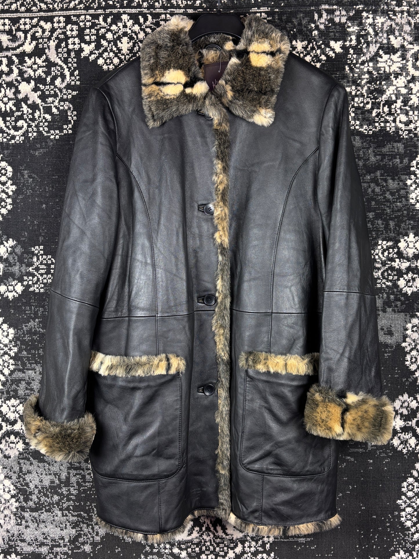Women's Y2K Vintage Leather Coat with Faux Fur Trim