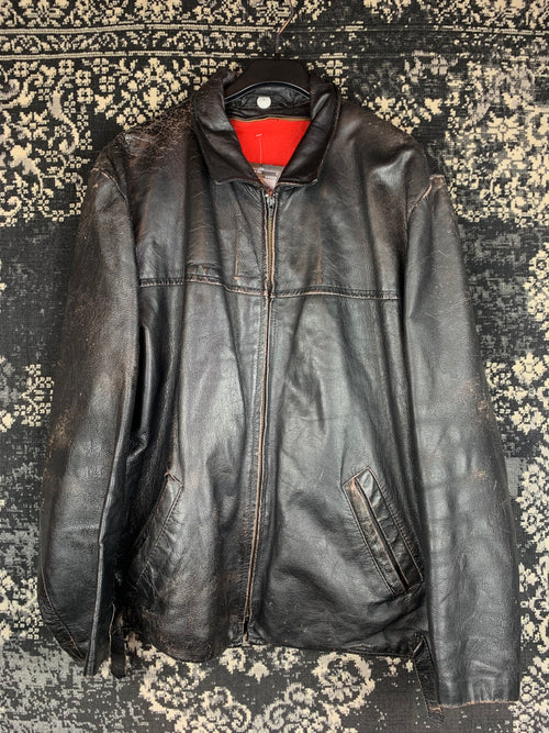 Vintage Black Leather Zip-Up Jacket with Stand Collar