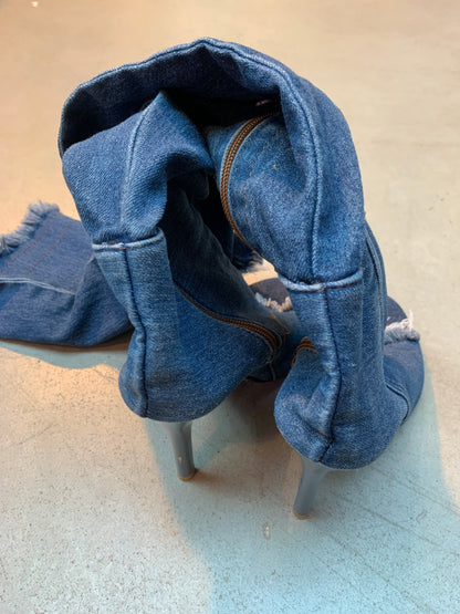 Y2K Women's Thigh-High Distressed Denim Peep-Toe Boots