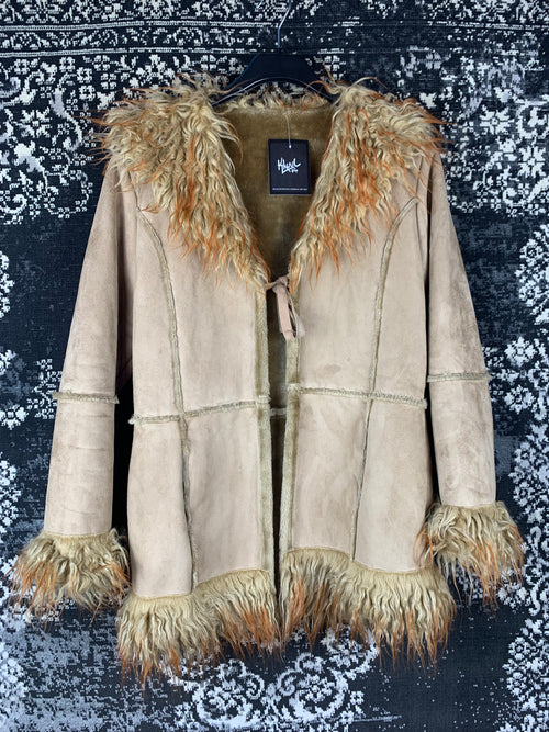 Womens Y2K Beige Suede Coat With Long Faux Fur Trim