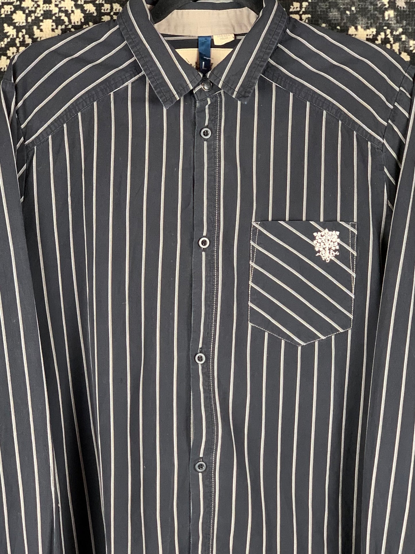 Men's Vintage Dark Blue Striped Longsleeve Button-Up