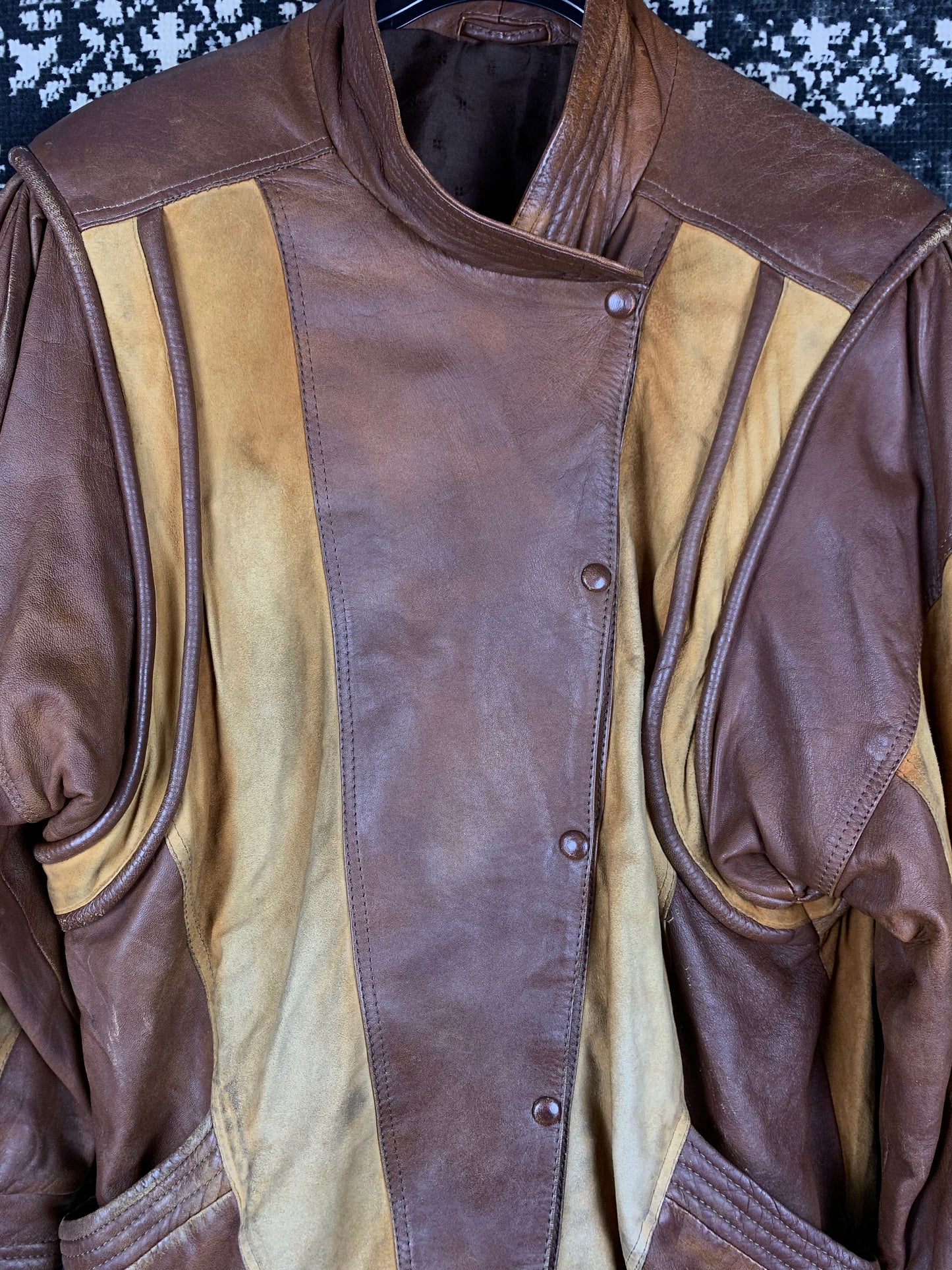 Men's Vintage Mix Patterned Brown Leather Jacket