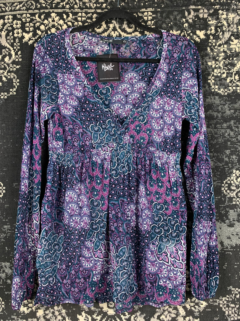 Womens Y2K Purple Paisley Mesh Long Sleeve Top