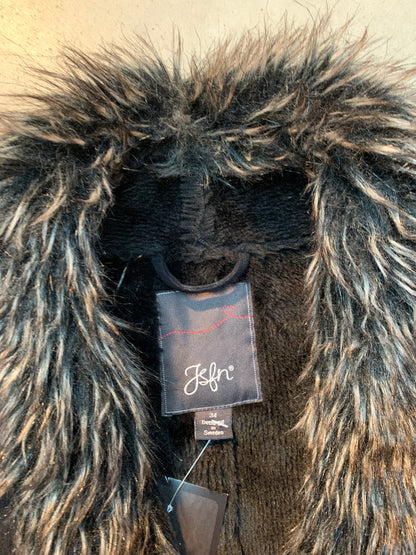 Vintage Women's Black Faux Suede Fur Trim Coat