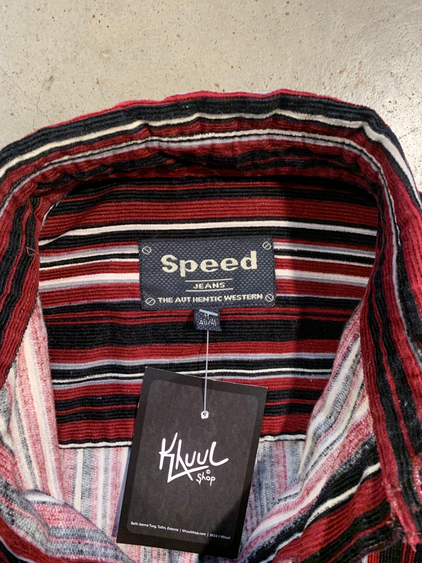 "SPEED jeans" Red, White, Black and Grey Striped Long Sleeve Button Up Shirt