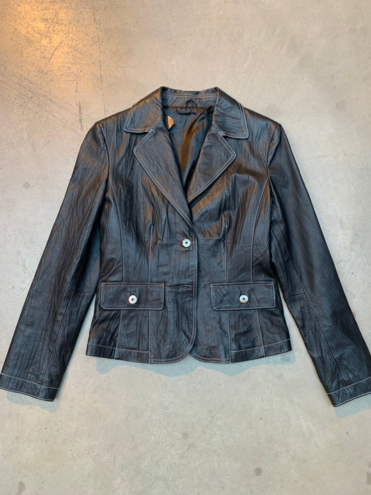 Women's Vintage Black Leather Button Up Jacket