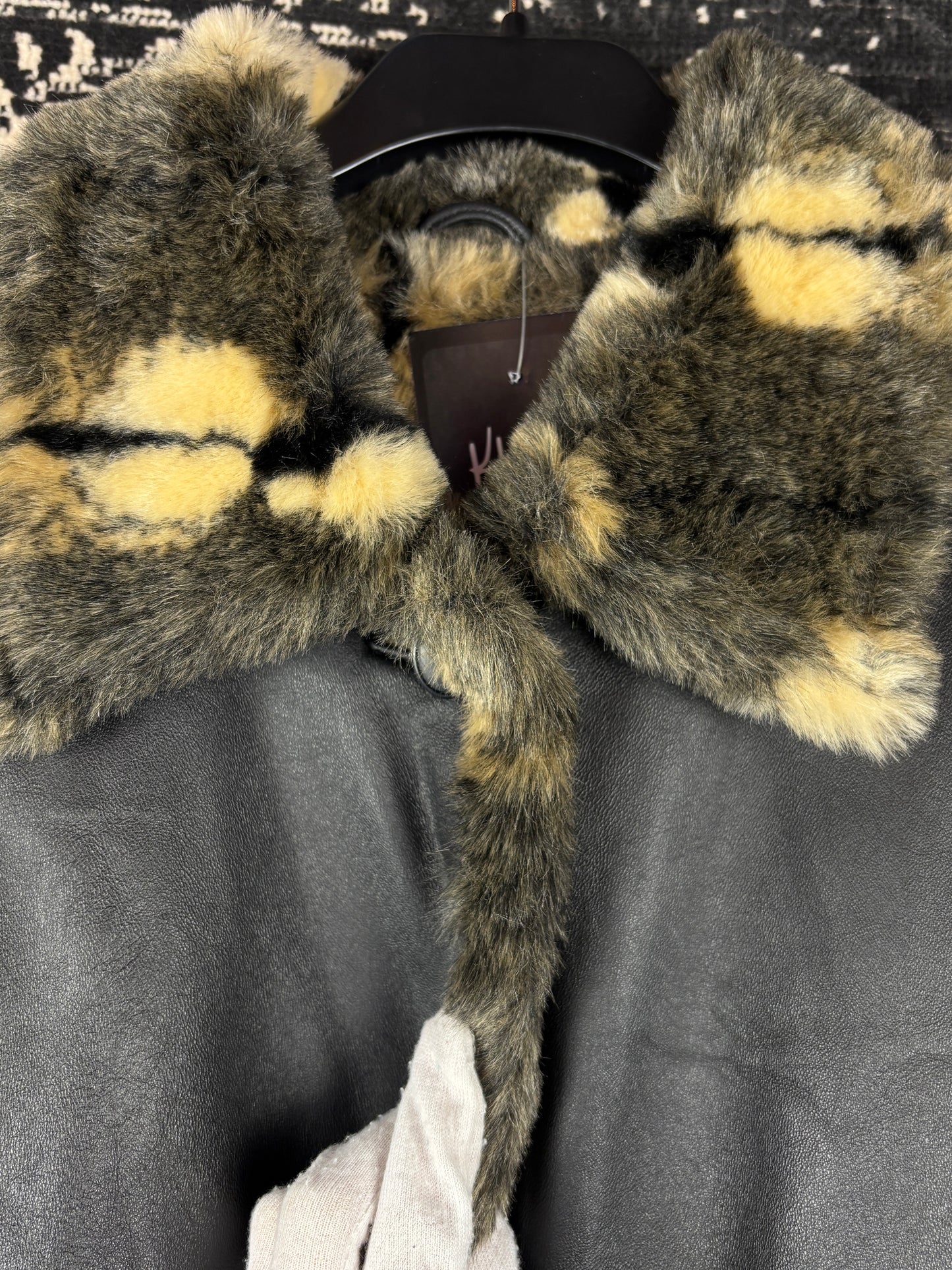 Women's Y2K Vintage Leather Coat with Faux Fur Trim