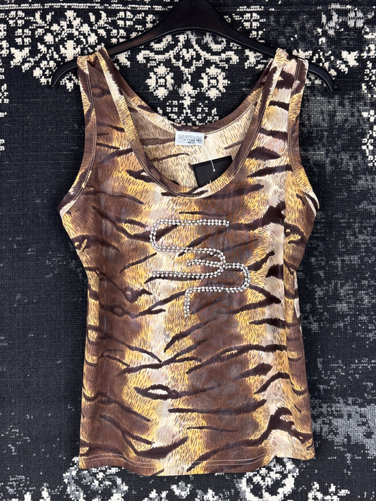 Women's Y2K Tiger Print Sleeveless Top with Beaded Front Detail