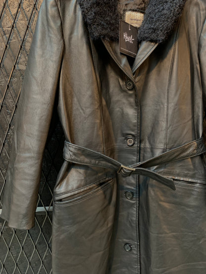 Conbipel Long Black Genuine Leather Coat with Shearling Collar and Belt