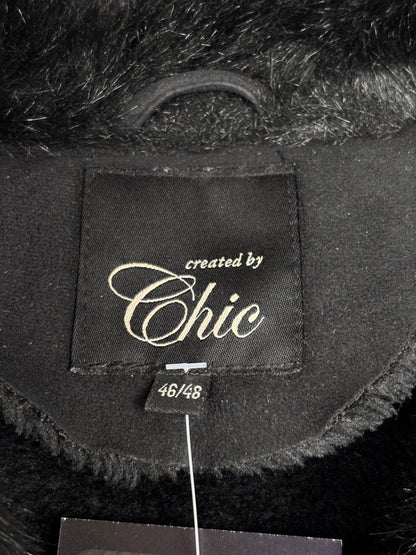 Women's Y2K Black Suede Duffle Coat wih Faux Fur Trim