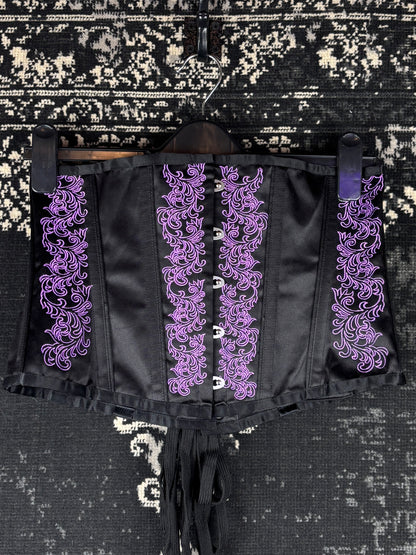 Women's Gothic Black Satin Corset Top With Purple Embroidery
