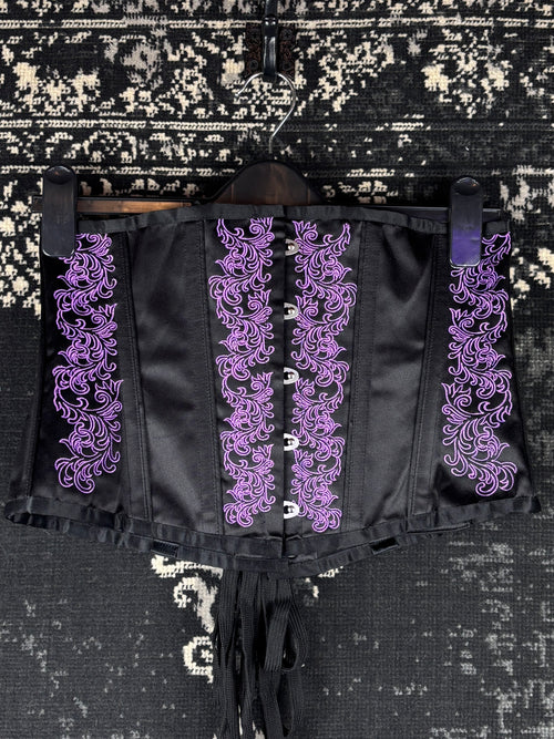 Women's Gothic Black Satin Corset Top With Purple Embroidery