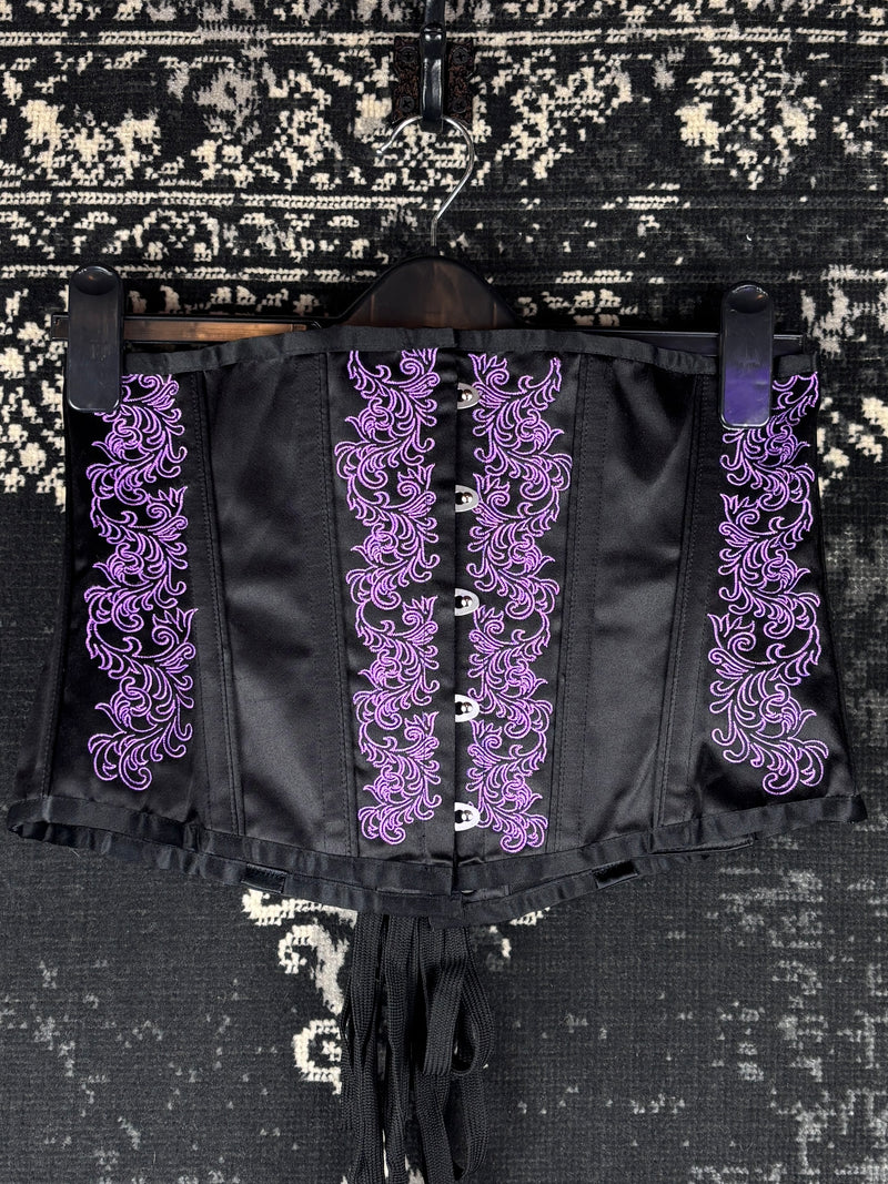 Women's Gothic Black Satin Corset Top With Purple Embroidery