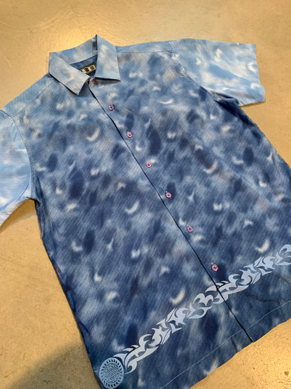 Y2K “Subs Cribe” Blue Pattern Button-Up Shirt