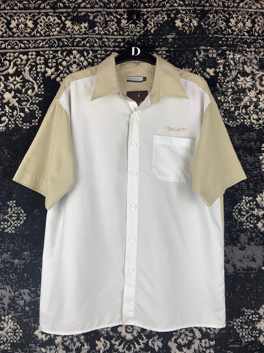 Y2K Men's White and Beige Embroidered Tribal Button-Up Shirt