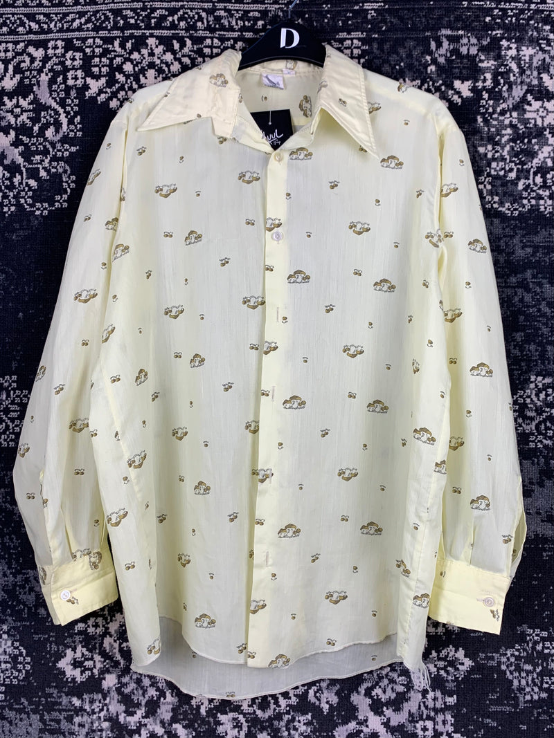 Womens Vintage 70s Butter Yellow Mushroom Print Longsleeve Shirt