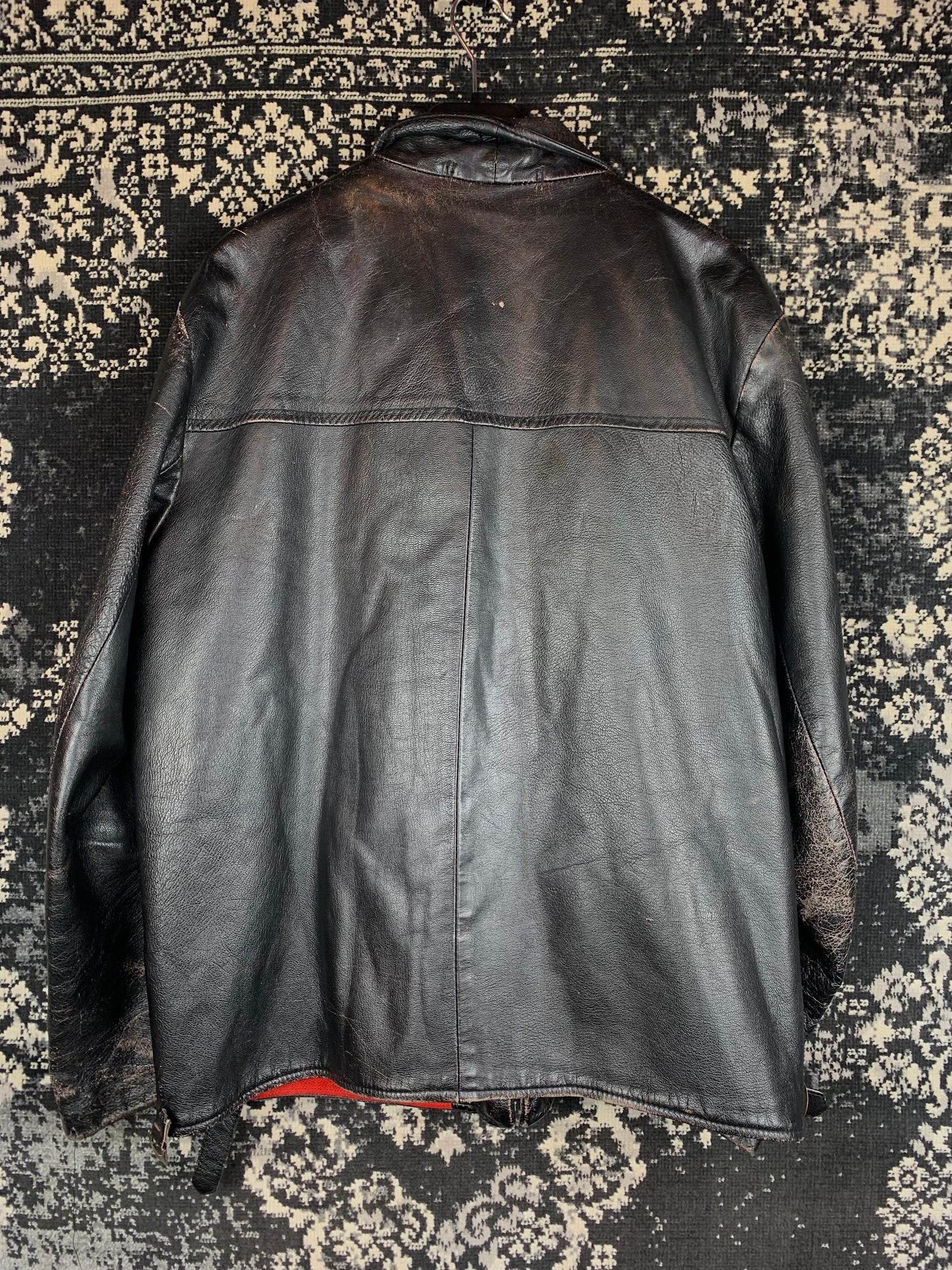 Vintage Black Leather Zip-Up Jacket with Stand Collar
