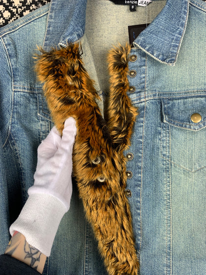 Women's Y2K Style Denim Button-Up with Faux Fur Trim