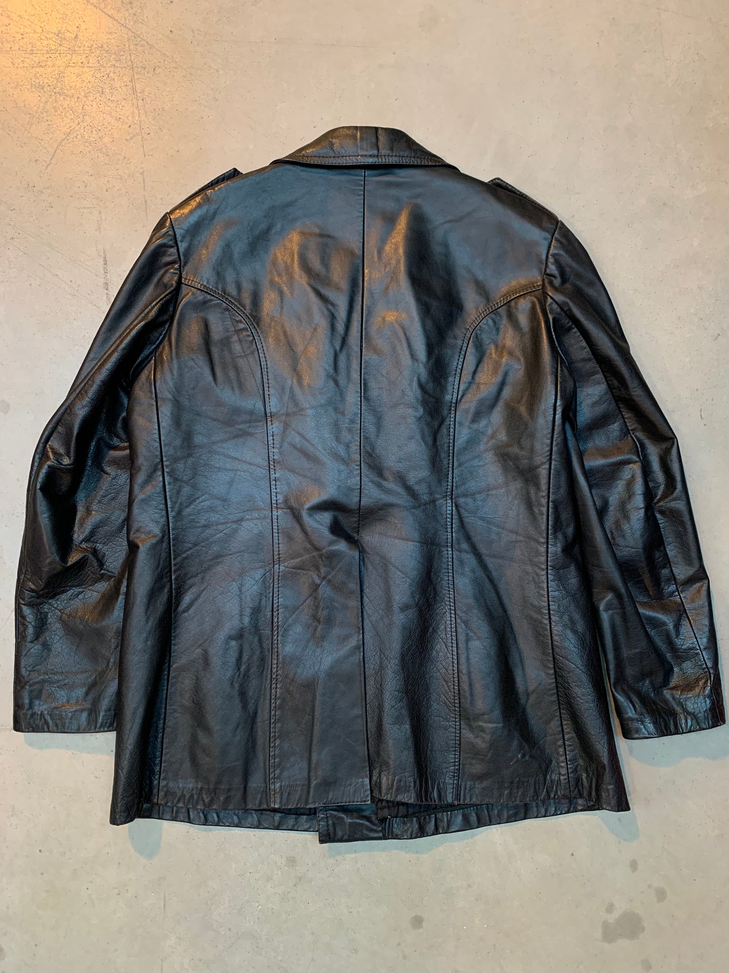 Men's Vintage Black Leather Coat with Double Breasted Front