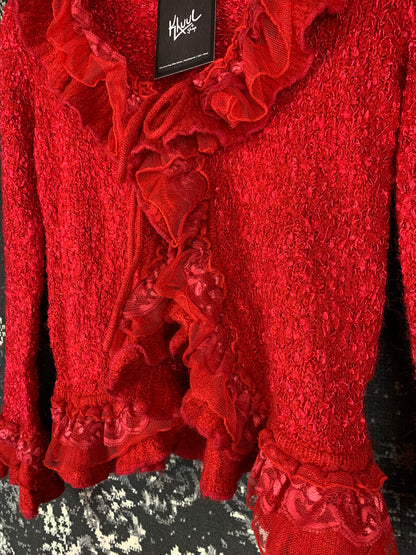 Romantic Vintage Red Knit Cardigan with Ruffle Trim