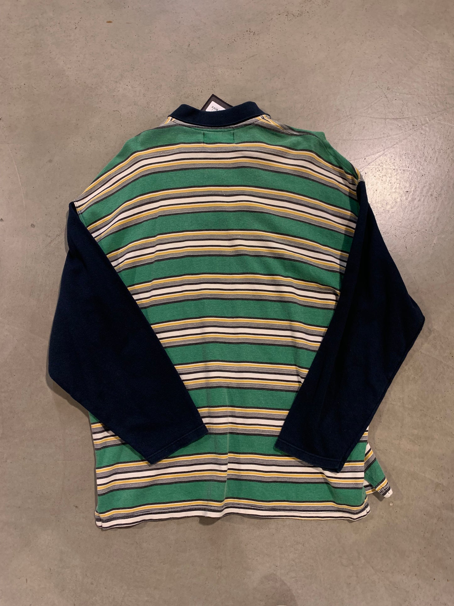 "box office" Green, White, Black and Yellow Striped Long Sleeve Shirt