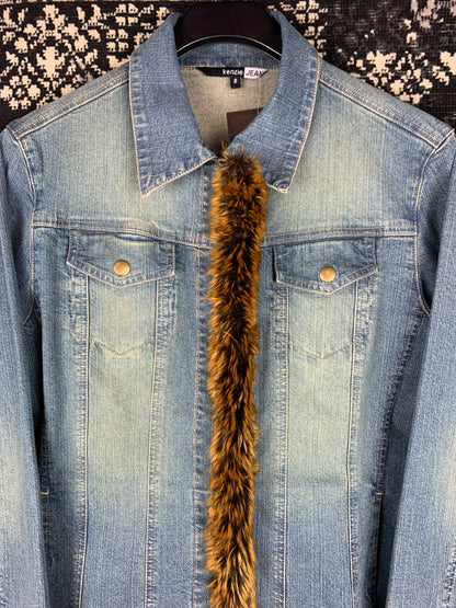 Women's Y2K Style Denim Button-Up with Faux Fur Trim