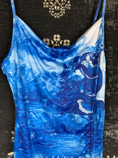 Y2K Women's Blue Dragon Printed Graphic Dress