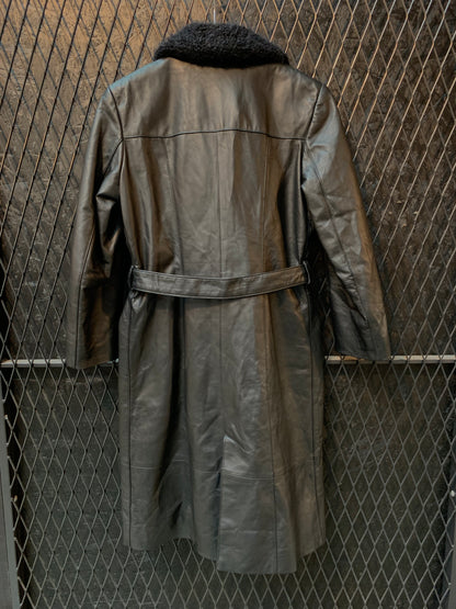 Conbipel Long Black Genuine Leather Coat with Shearling Collar and Belt