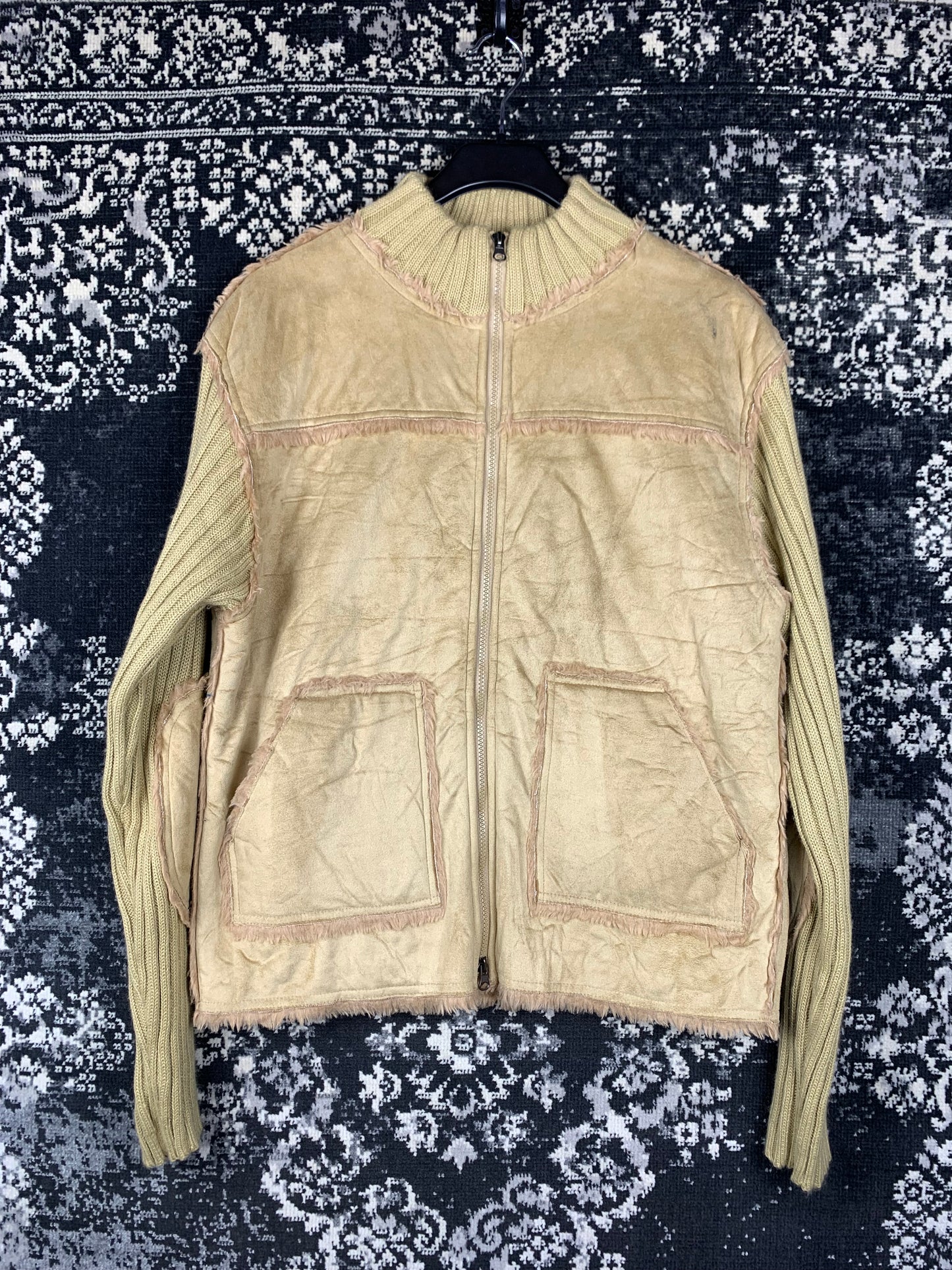 Women's Light Brown Suede Jacket with Ribbed Knit Sleeves and Collar