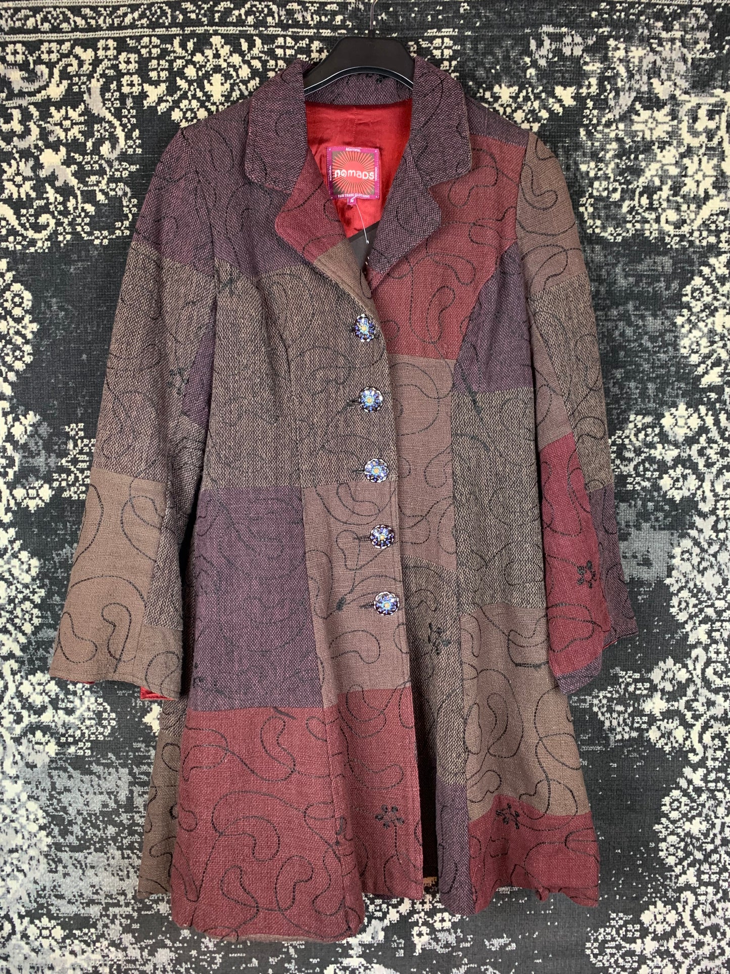 Nomads Patchwork Boho Coat with Colorful Embroidered Buttons