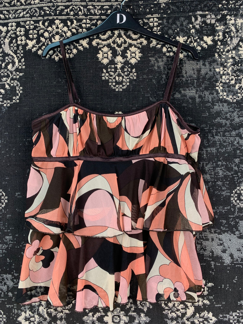 Dorothy Perkins Y2K Brown Pink Floral Ruffled Top