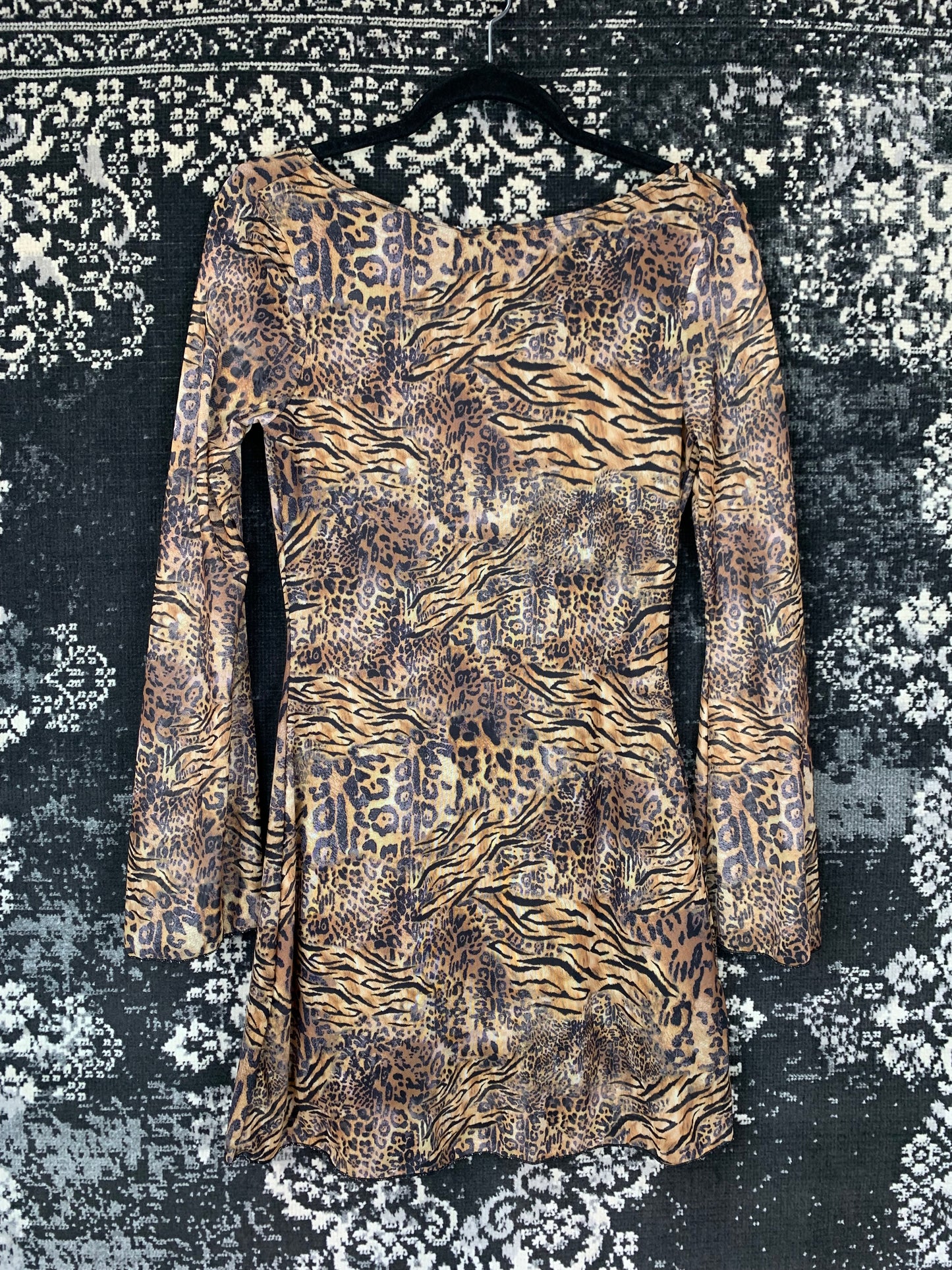 Womens Y2K Style Mesh Animal Print Long Sleeve Dress