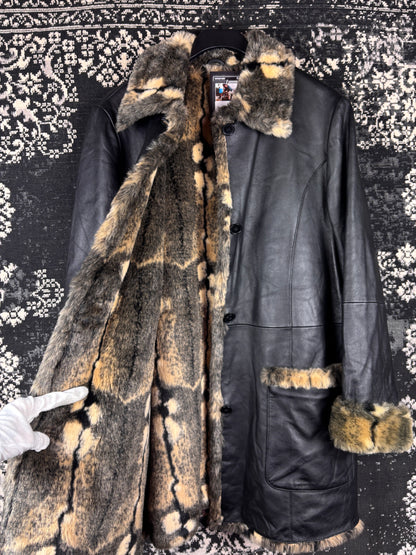 Women's Y2K Vintage Leather Coat with Faux Fur Trim