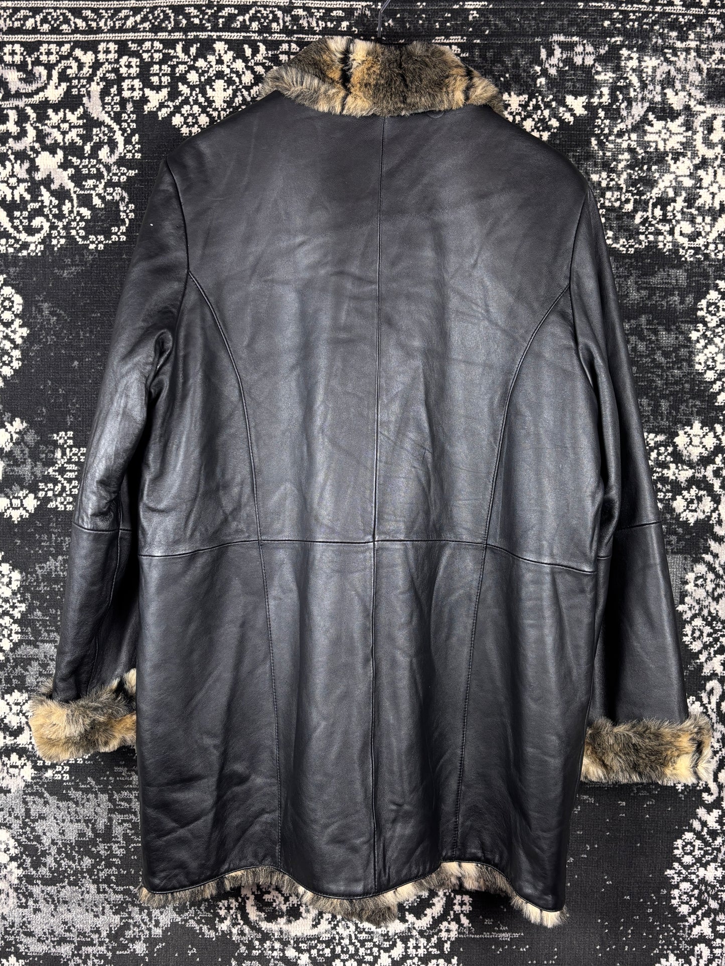 Women's Y2K Vintage Leather Coat with Faux Fur Trim