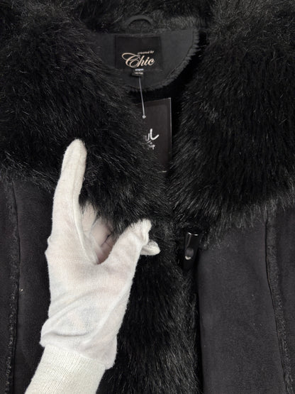 Women's Y2K Black Suede Duffle Coat wih Faux Fur Trim