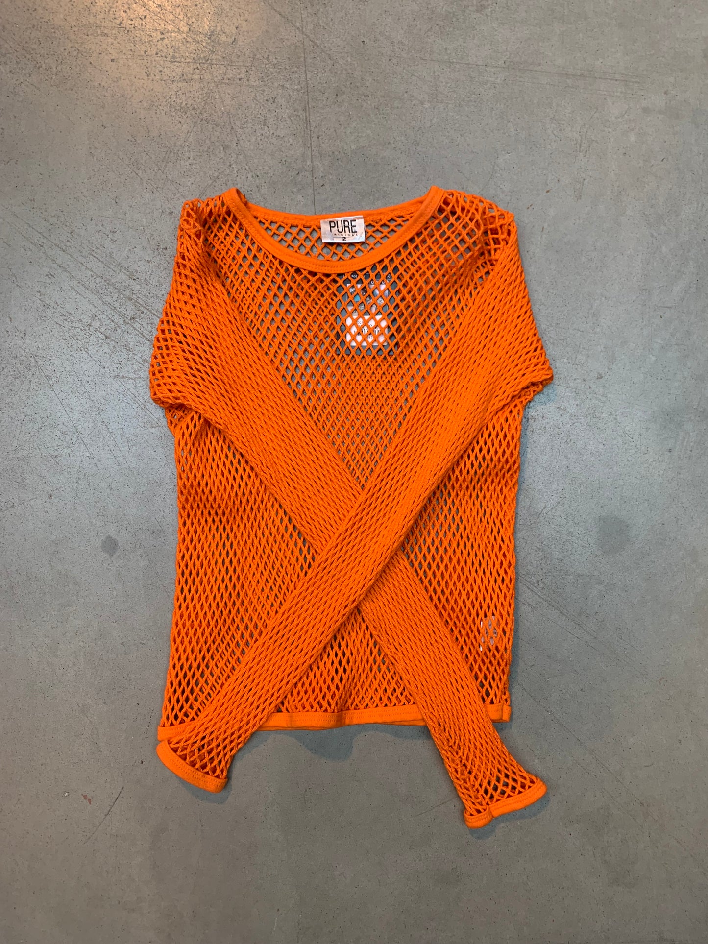 Vintage Y2K Women's Bright Orange Fishnet Mesh Top