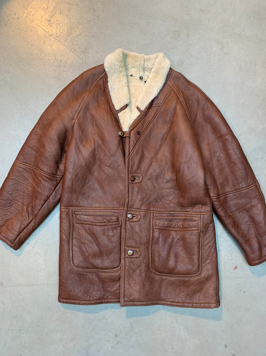 Men's Vintage Shearling Jacket with Plush Cream Fur Collar