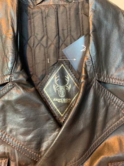 Men's Vintage Black Leather Coat with Double Breasted Front