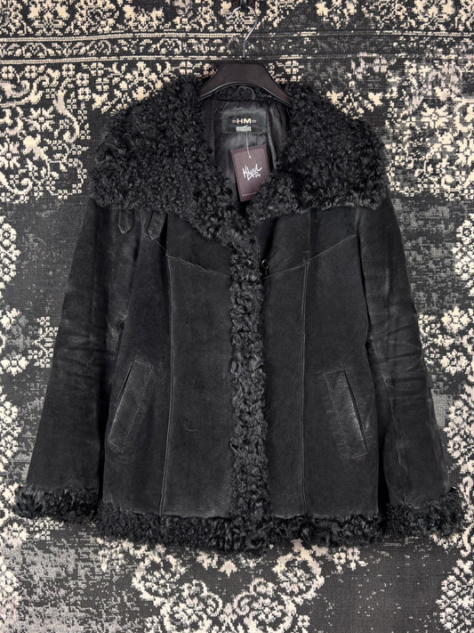 Women's Y2K Vintage Black Suede Coat with Genuine Goat Fur Trim