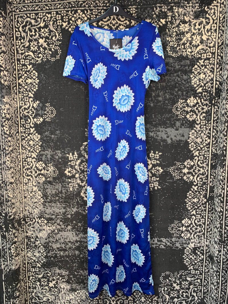 Womens Y2K Royal Blue Floral Logo Maxi Dress