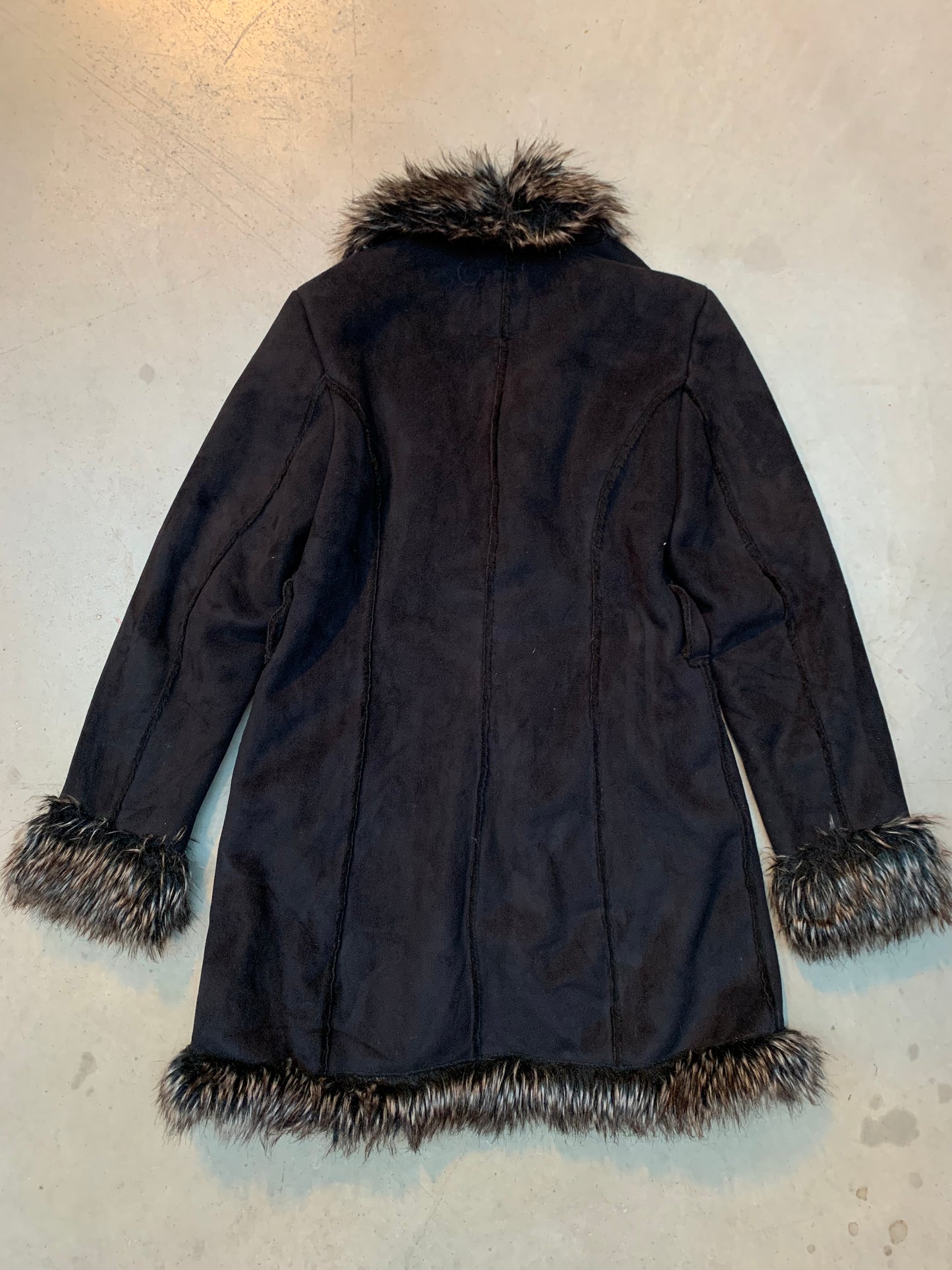 Vintage Women's Black Faux Suede Fur Trim Coat
