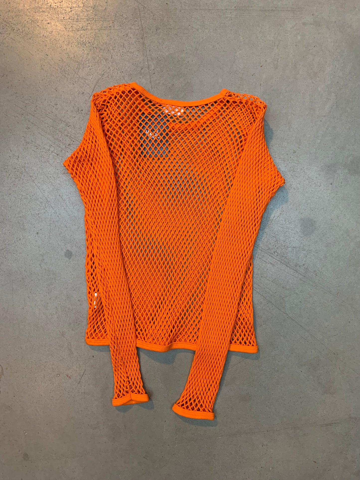 Vintage Y2K Women's Bright Orange Fishnet Mesh Top
