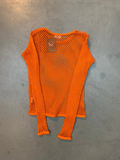 Vintage Y2K Women's Bright Orange Fishnet Mesh Top