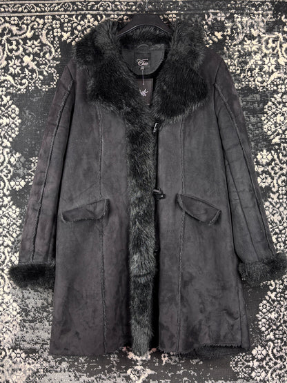 Women's Y2K Black Suede Duffle Coat wih Faux Fur Trim
