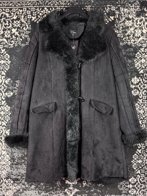 Women's Y2K Black Suede Duffle Coat wih Faux Fur Trim