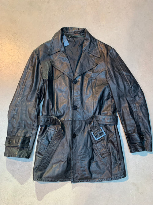 Women’s Vintage Black Leather Trench Coat with Belt