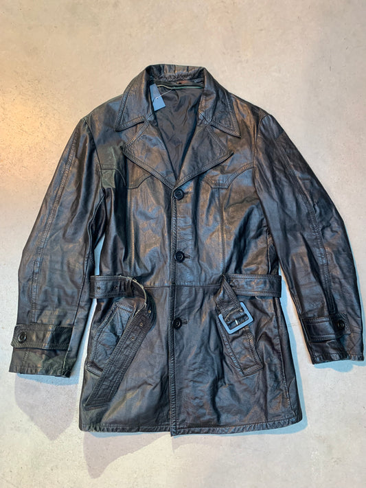 Women’s Vintage Black Leather Trench Coat with Belt